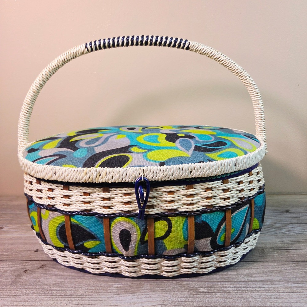 Vintage HiMARK Japan Sewing Basket Blue Green Paisley Wicker MCM Satin Lined